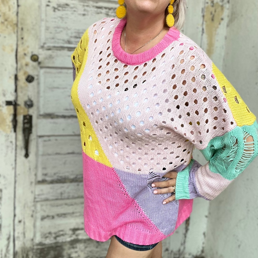 Davi & Dani Pastel Distressed Sweater